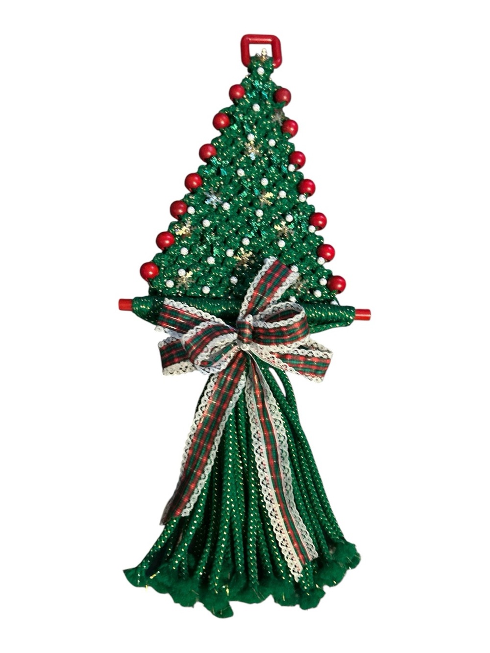 Vintage 1970s Macrame Christmas Tree Wall Hanging Green Red Beads Plaid Bow 25"